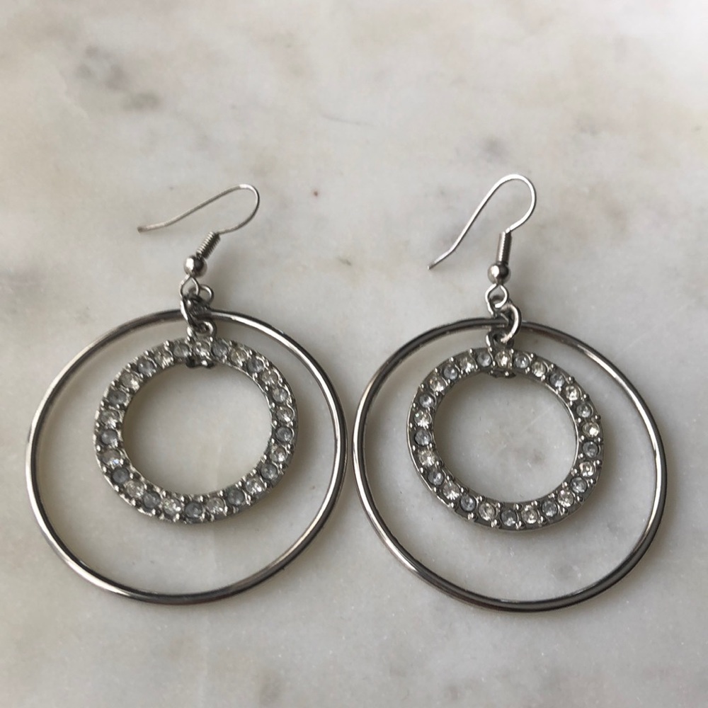Silver Rhinestone Double Circle 1” Hoop Earrings